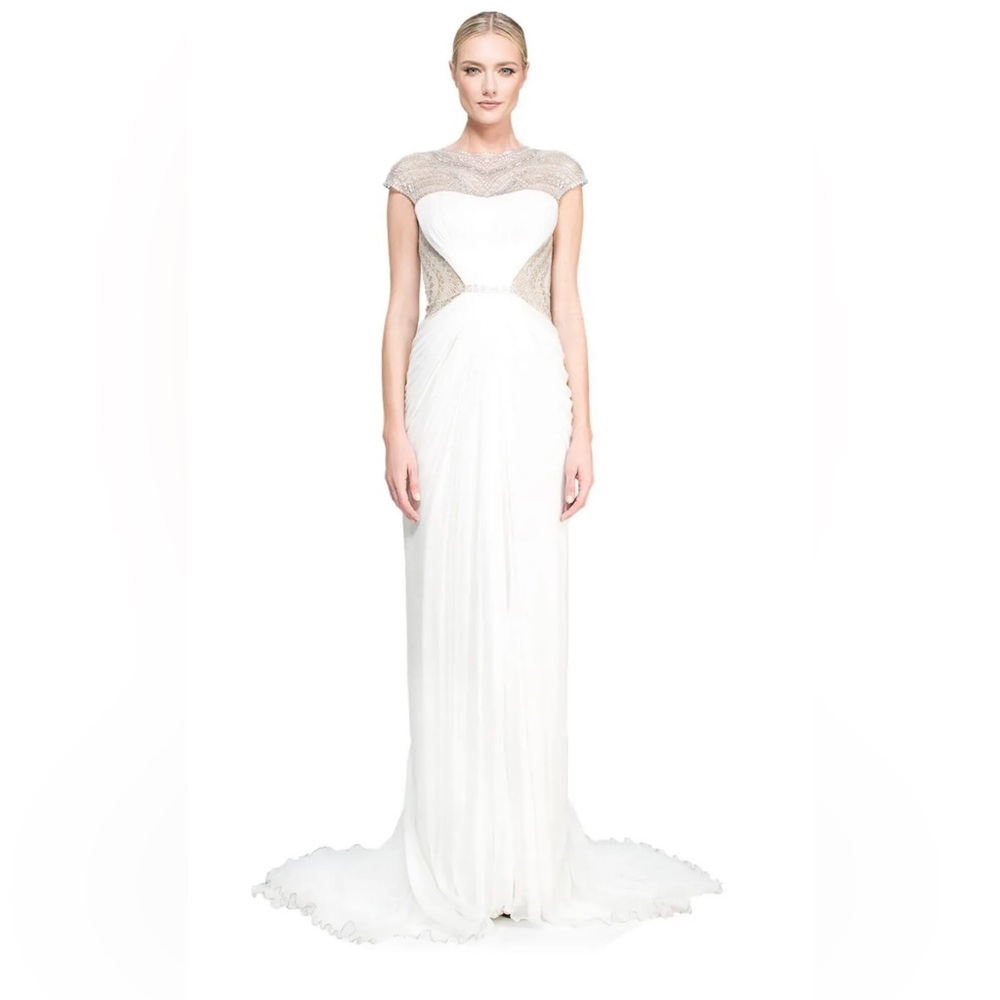 Tadashi Shoji Franklin Embellished Silk Tulle Gown Cream